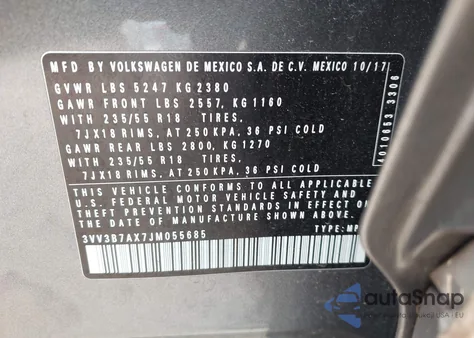 2018 Volkswagen Tiguan 2.0T Se/2.0T Sel z USA, uszkodzony, nr VIN 3VV3B7AX7JM055685